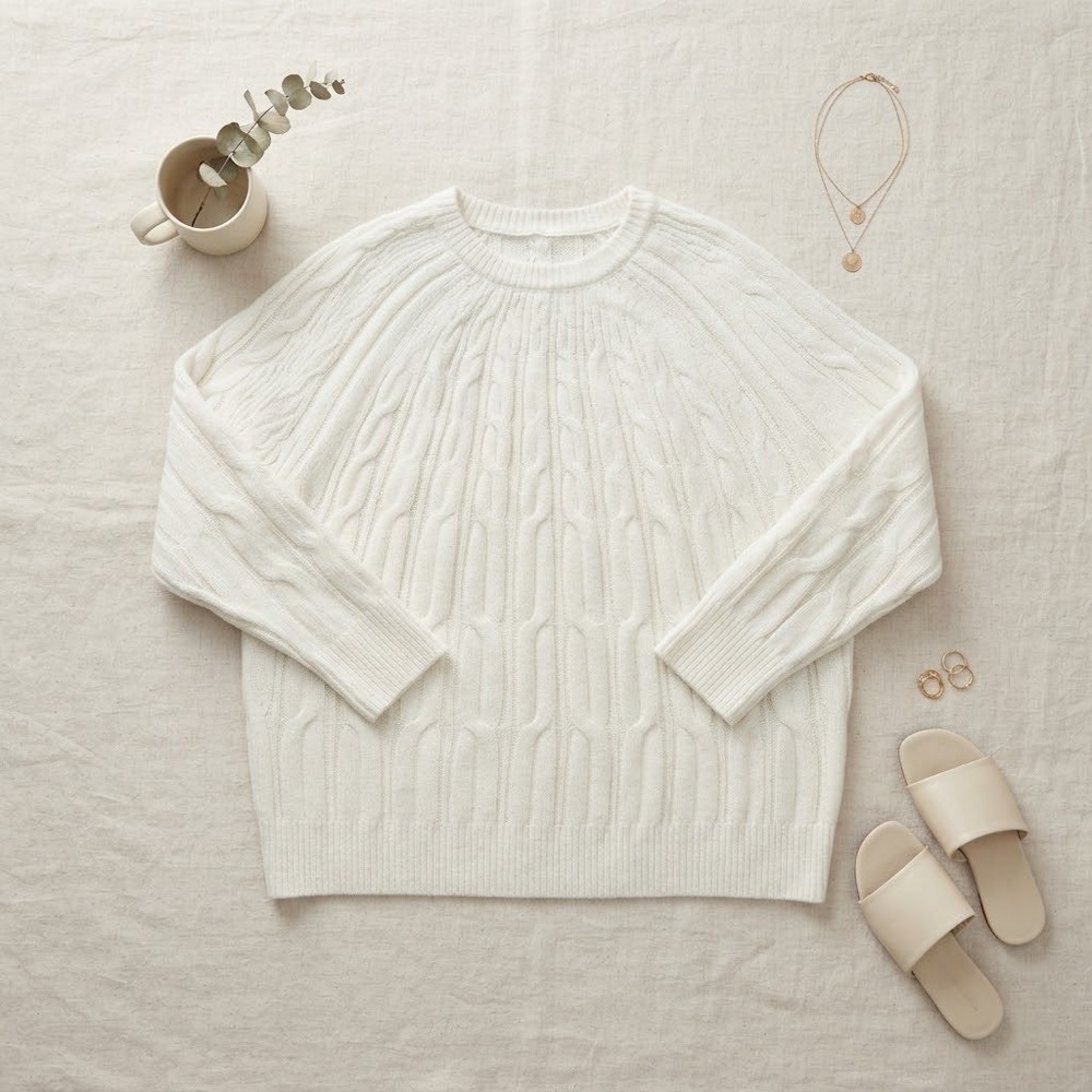 Crown & Ivy Cable Knit Sweater Womens 1X White Crew Neck Coastal Preppy Cozy